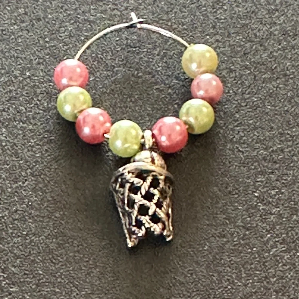 Wine glass tag, stainless steel hoop, green/pink beads, basketball charm
